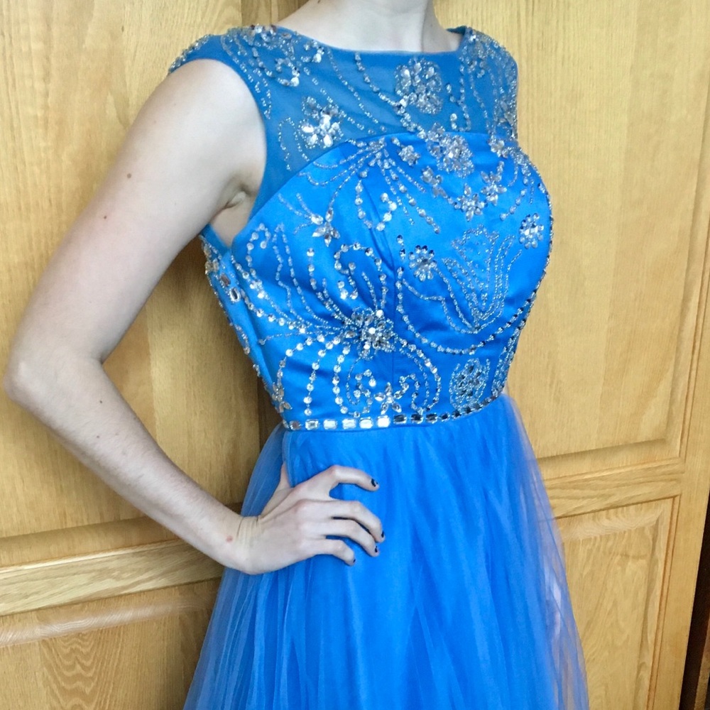 Women’s long blue prom dress with gemmed bodice